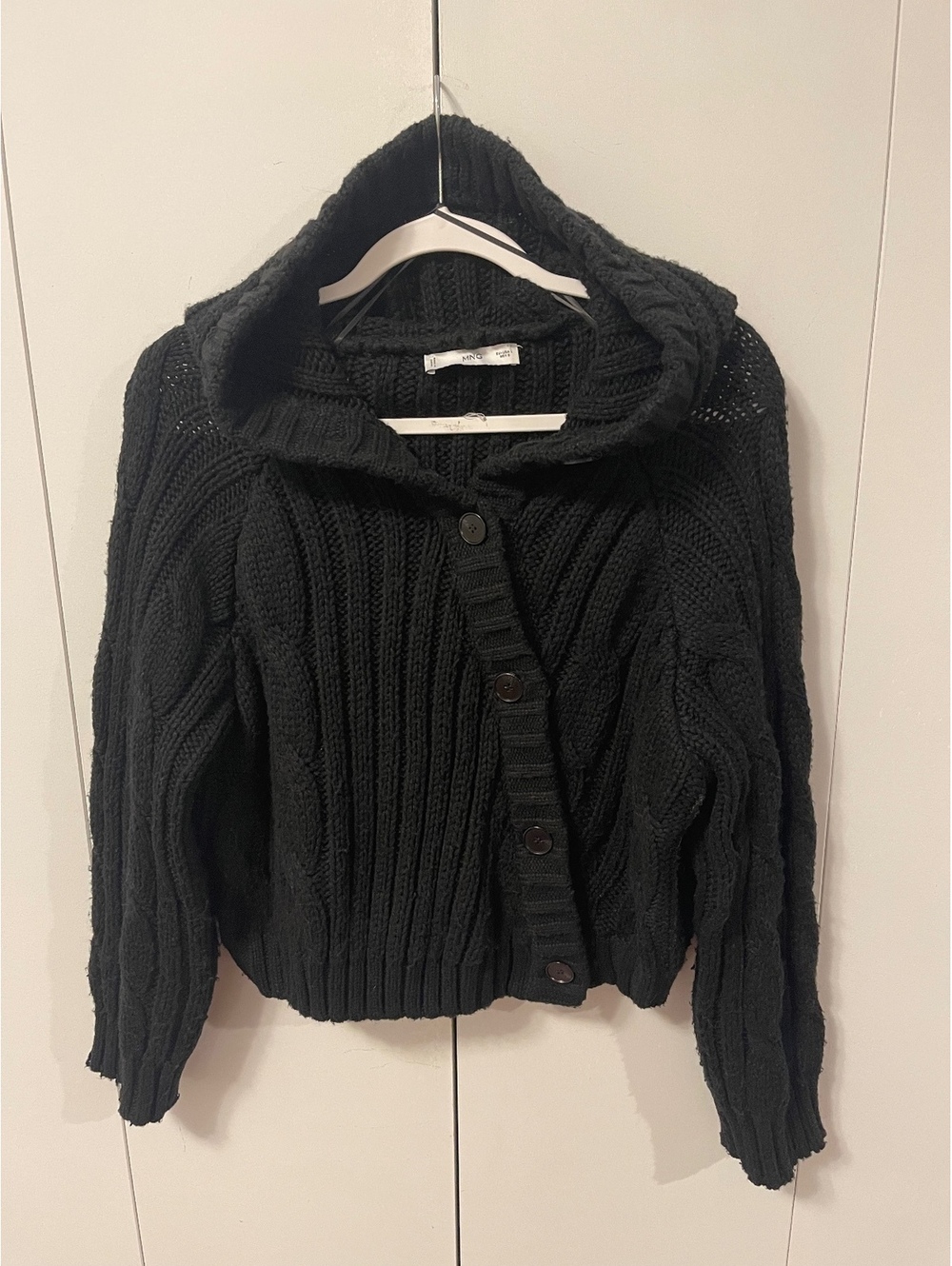 MNG Mango Chunky Cable Knit Hooded Cardigan Black Button Front Size L